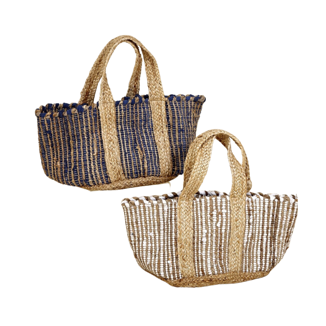 Varanasi jute basket in natural and indigo vertical weave design