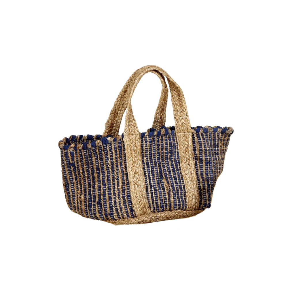 Varanasi jute basket in natural and indigo vertical weave design