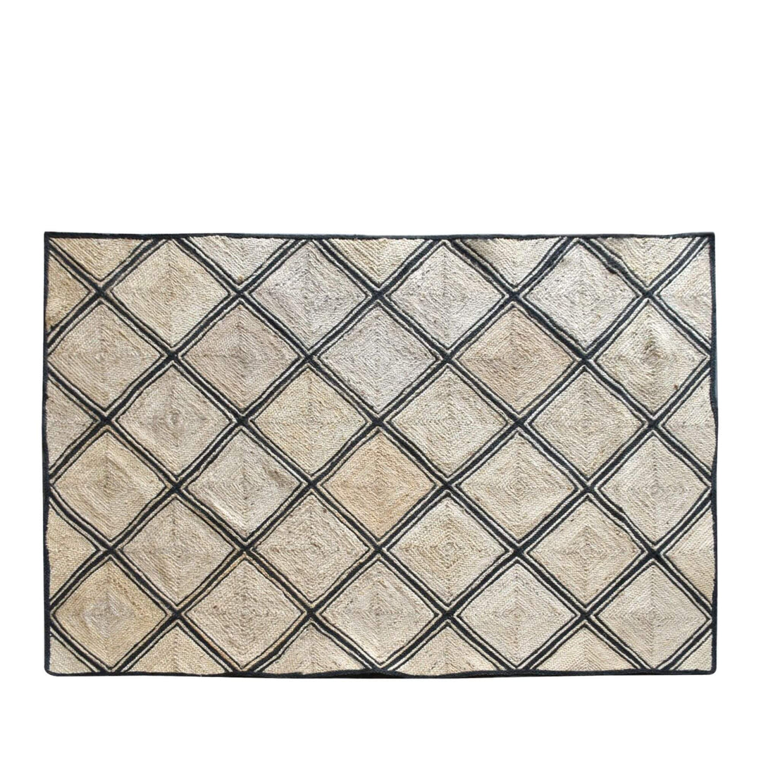 Front view of the Velsao Rug featuring a natural jute base with a bold diamond geometric pattern.