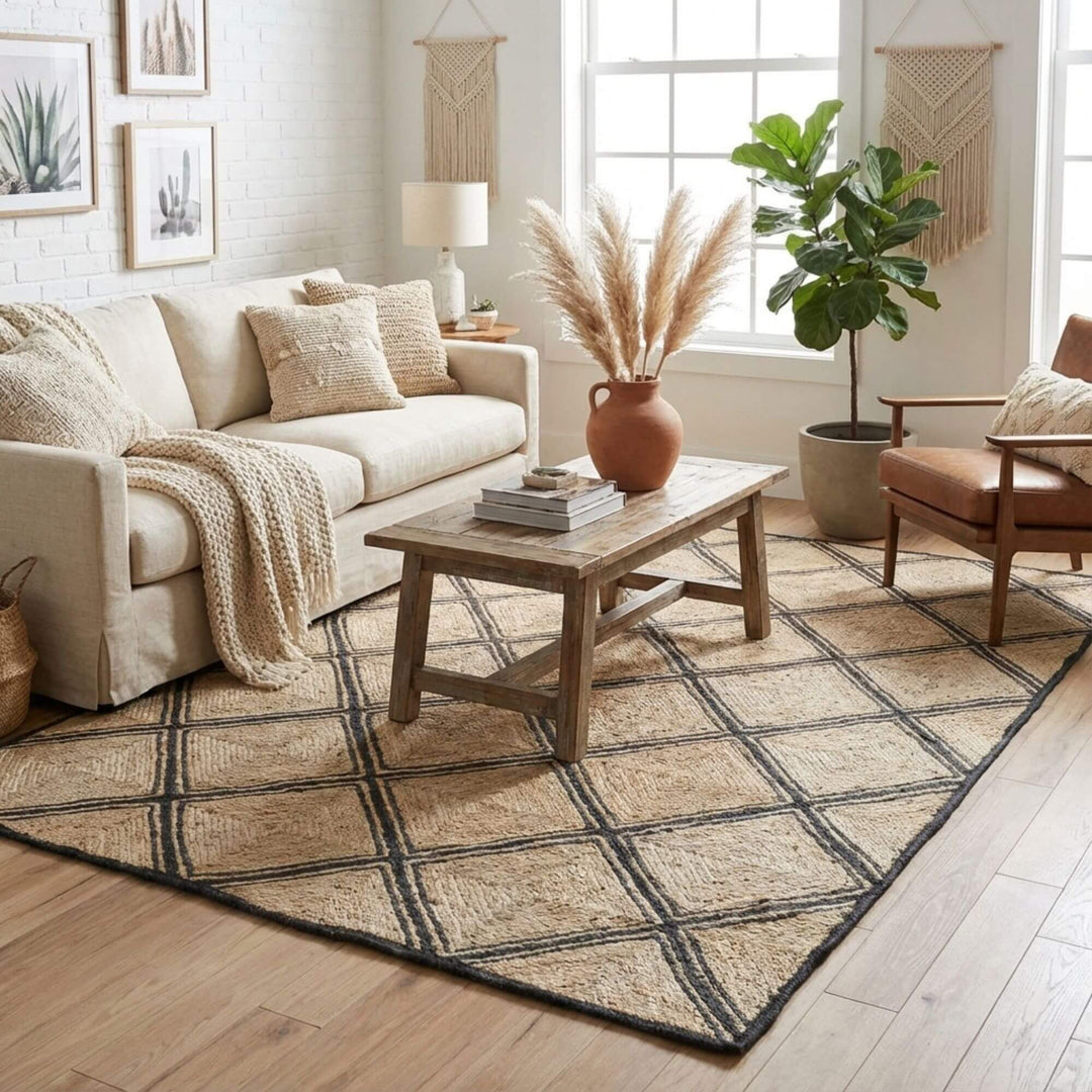 Interior styling image showing the Velsao Rug placed in a bright living room with neutral décor.