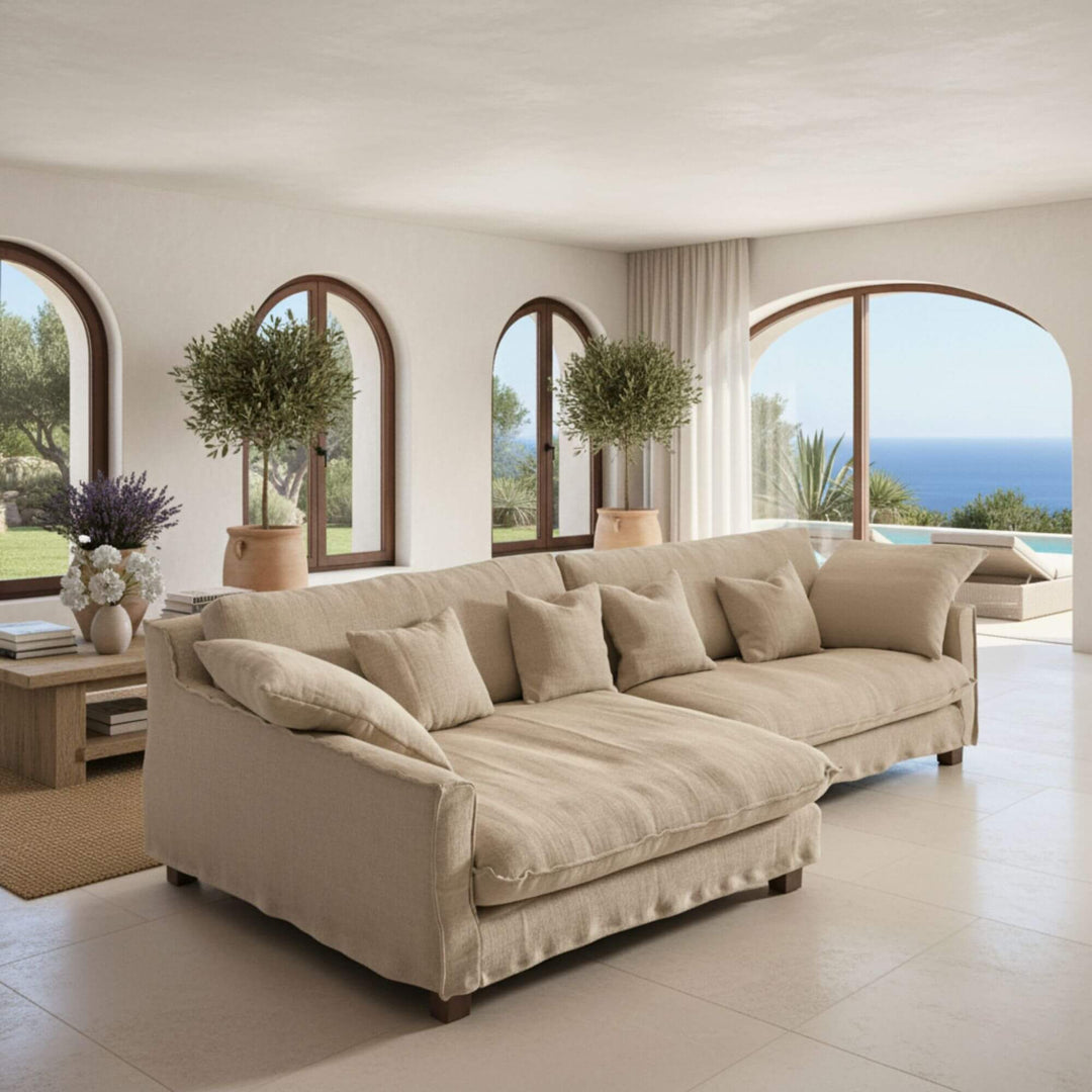 Venezia Chaise Longue Sofa in natural linen with deep seating design.