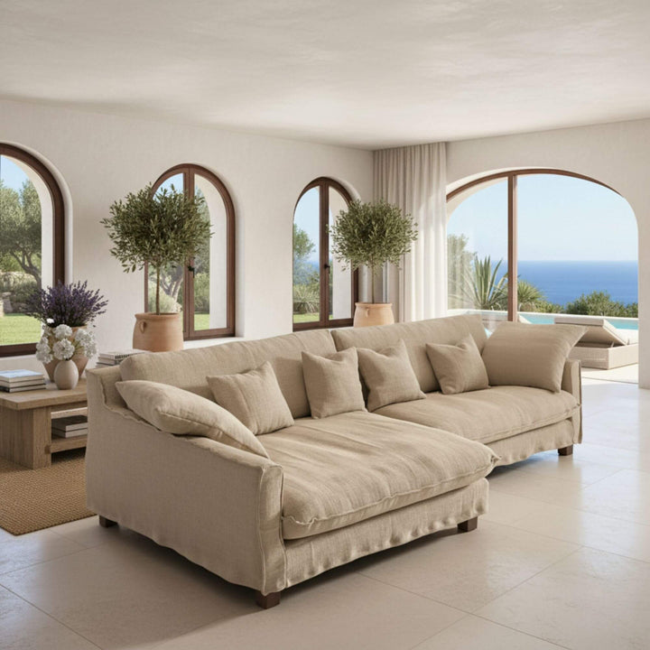 Venezia Chaise Longue Sofa in natural linen with deep seating design.
