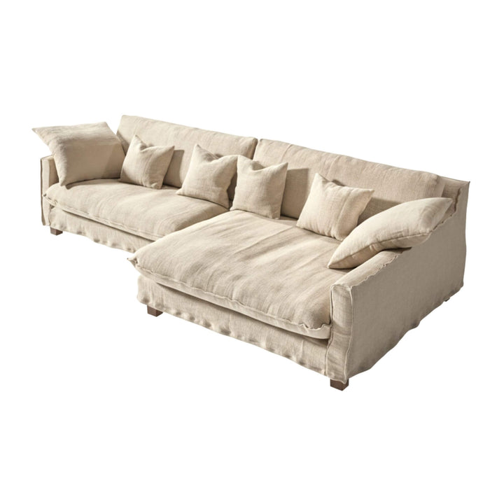 Full view of the Venezia sofa in sand linen with extended chaise longue.
