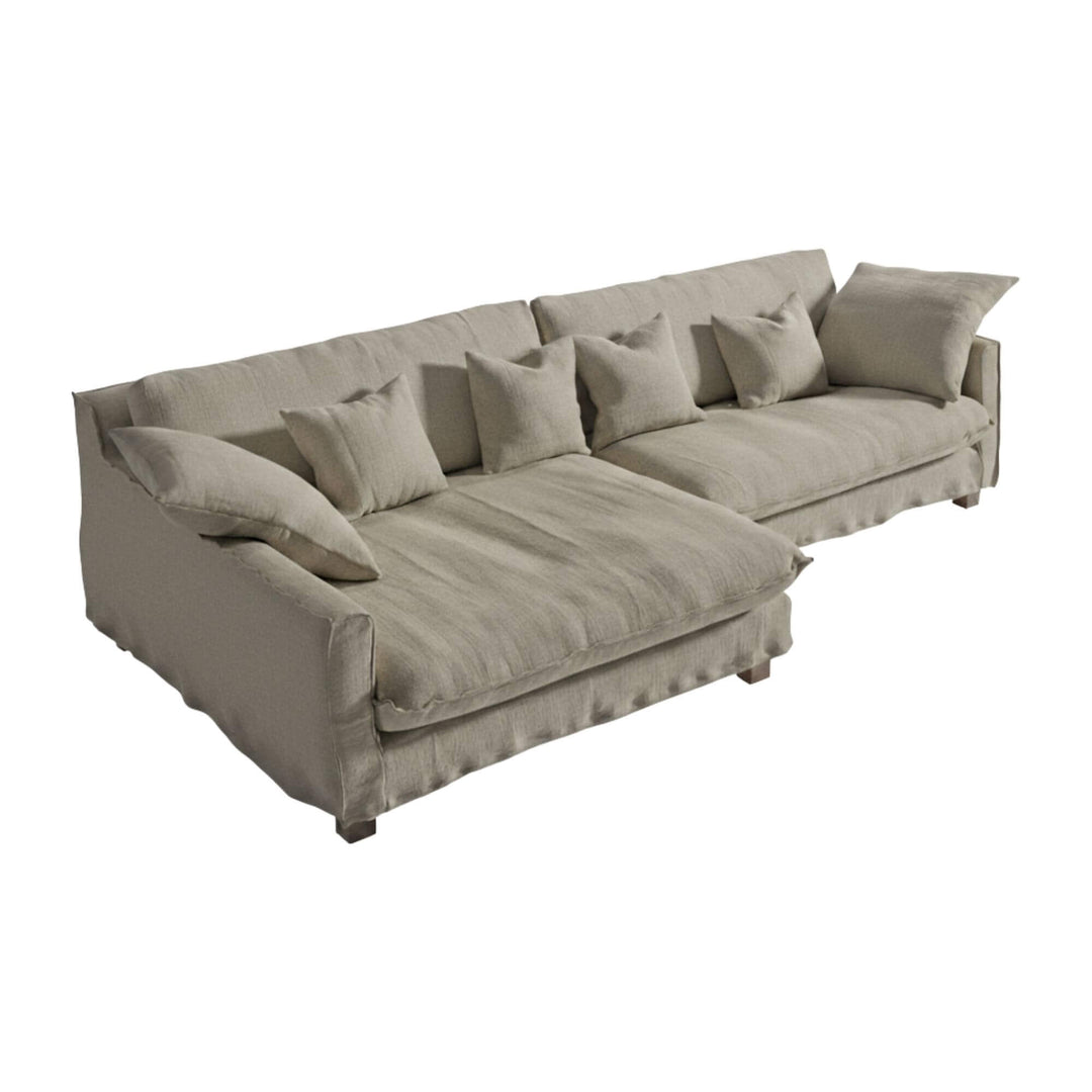 Full view of the Venezia sofa in grey linen with extended chaise longue.