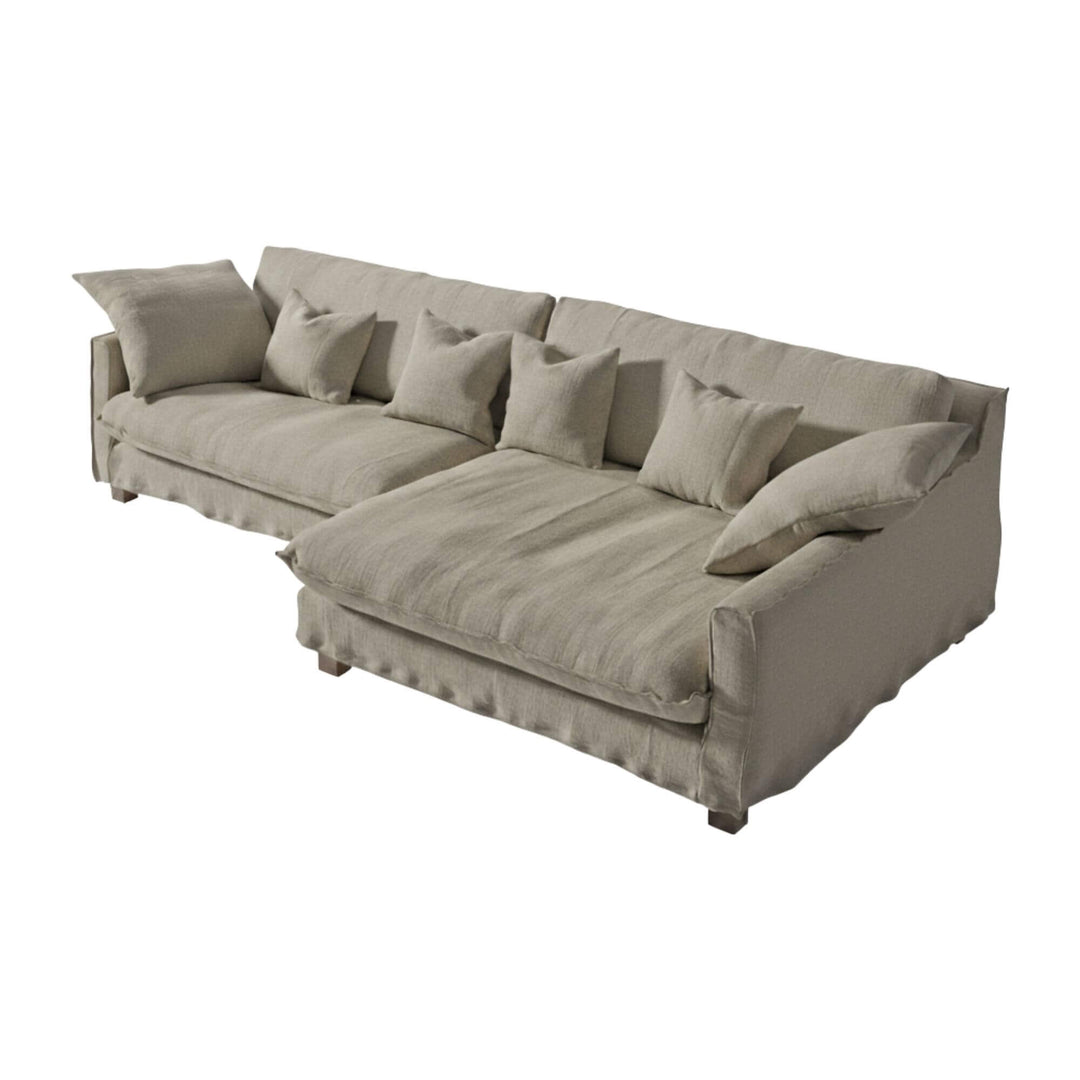 Full view of the Venezia sofa in grey linen with extended chaise longue.