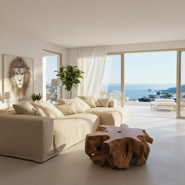 Modern living room with Verona Chaise Longue sofa in beige, wooden coffee table, and scenic view