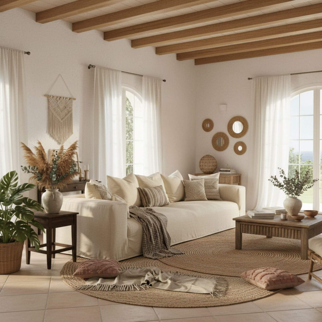 Cozy living room with a Verona sofa, wooden coffee table, and decorative elements.