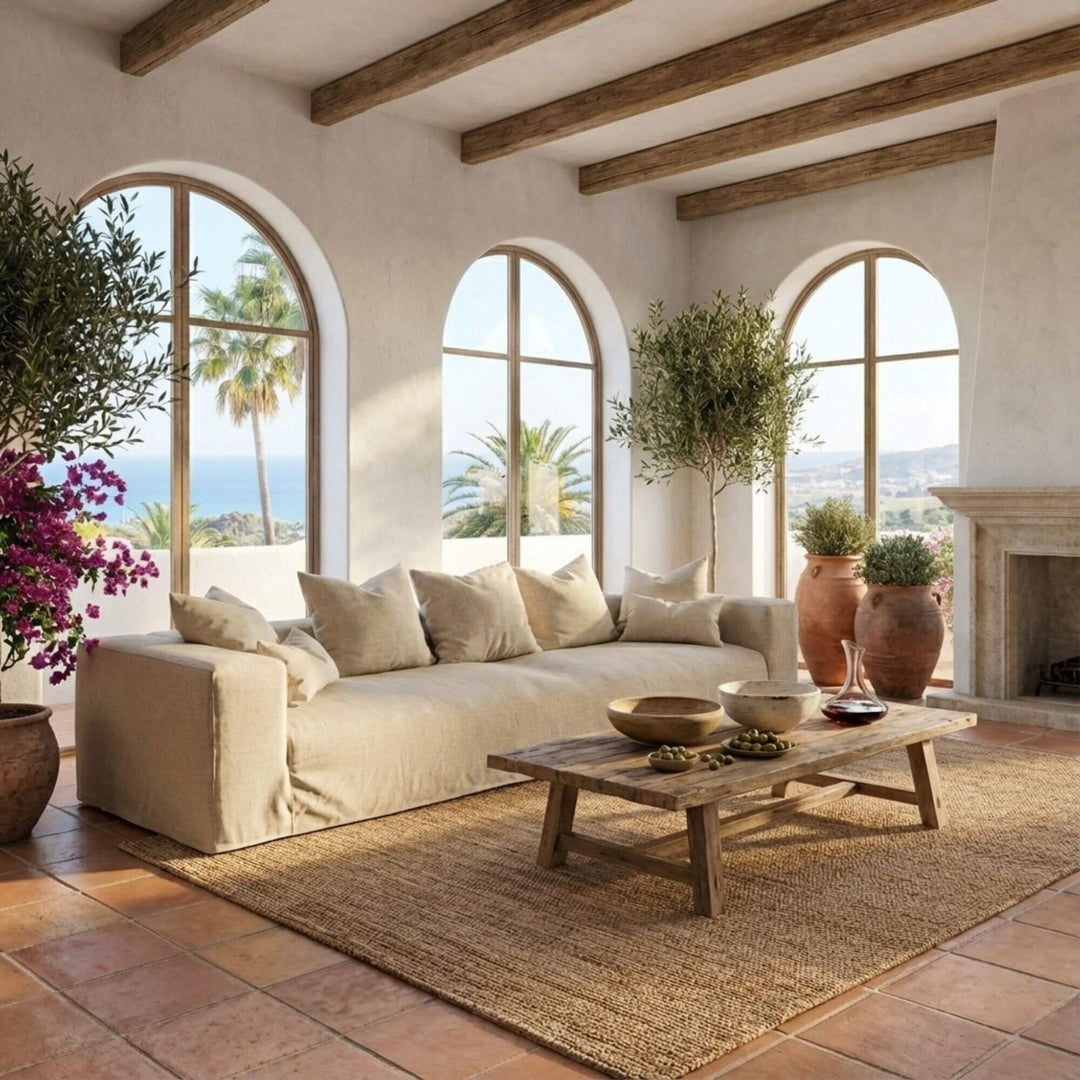 Cozy living room with Verona sofa, a wooden coffee table, and large windows overlooking a scenic view.