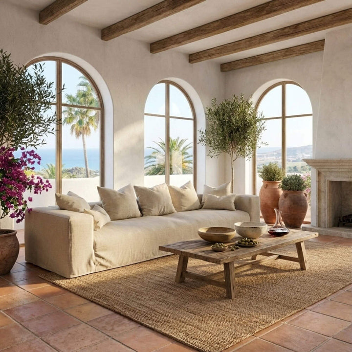 Cozy living room with Verona sofa, a wooden coffee table, and large windows overlooking a scenic view.