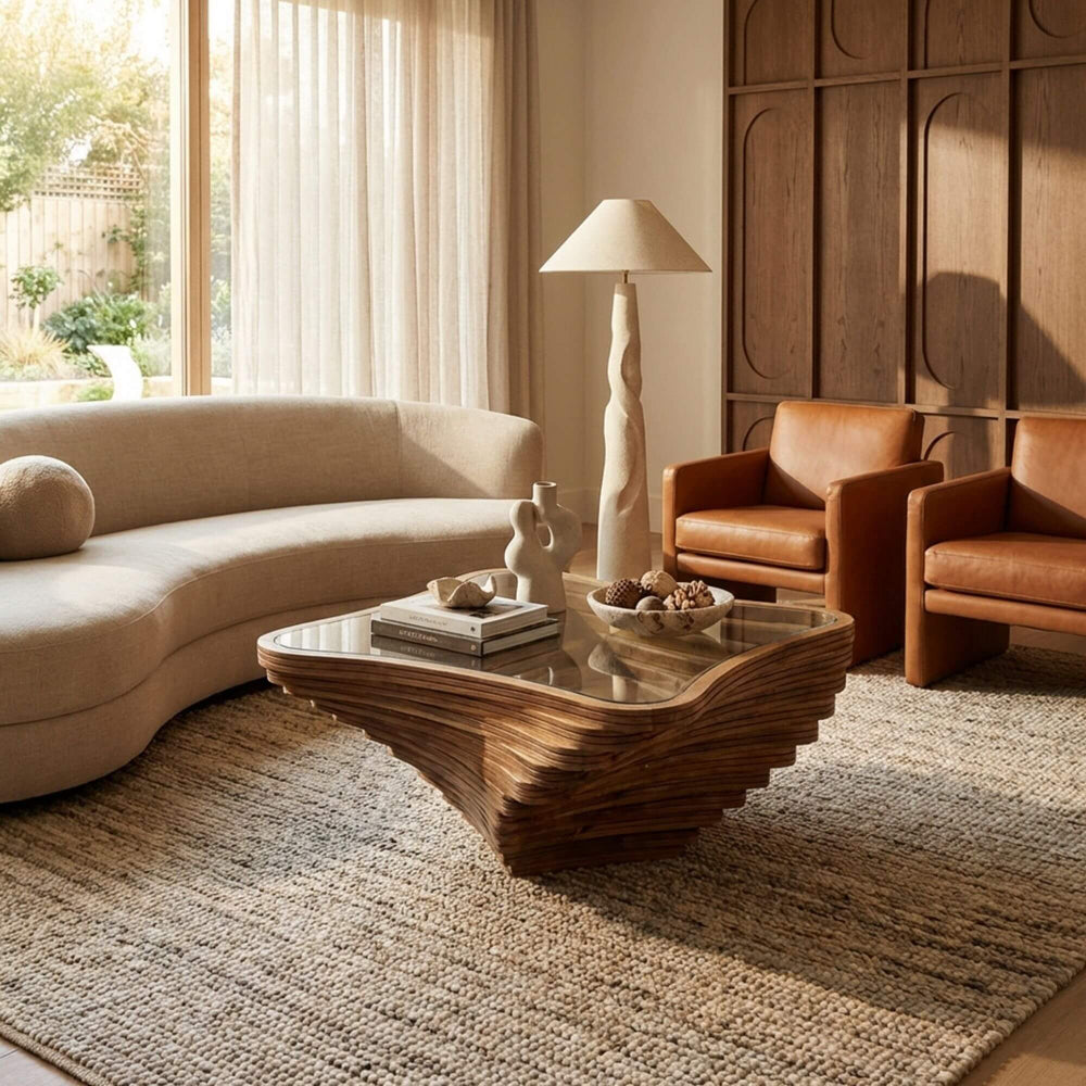 Styled living room setting featuring the Vessel Twist coffee table as a statement centerpiece.