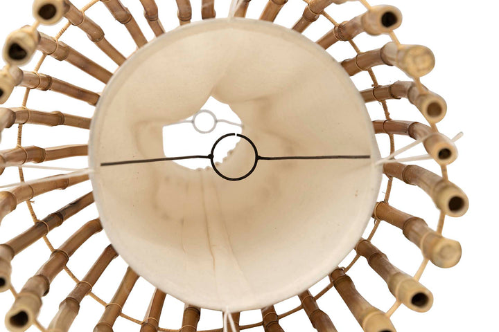 Top view of woven diffuser and bulb housing on Vessel Floor Lamp