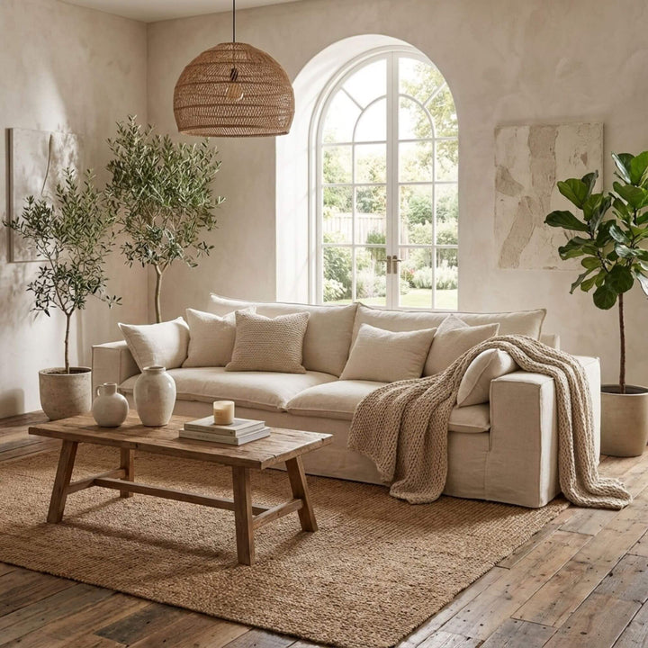 Cozy living room with beige Vicenza sofa, wooden coffee table, and decorative elements.