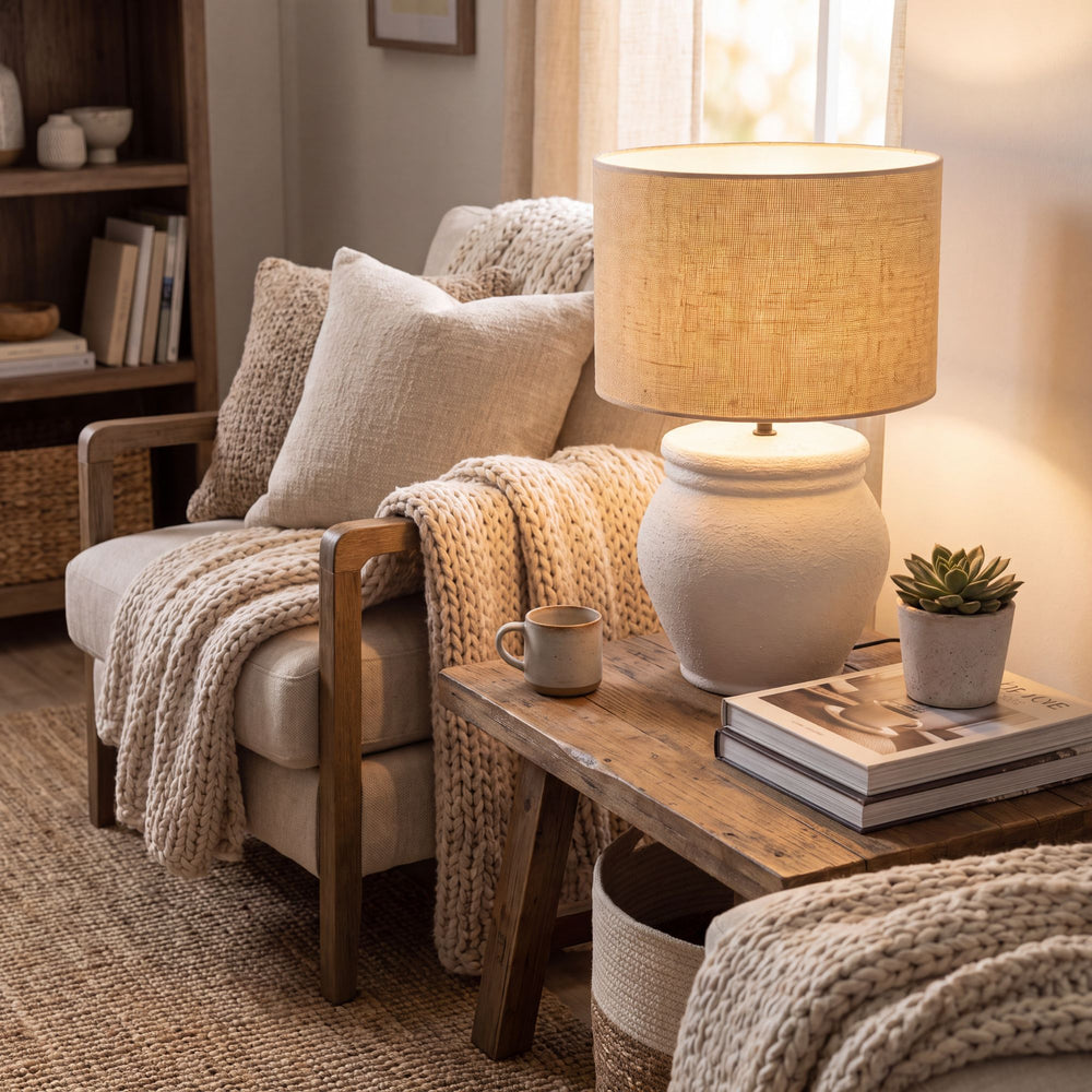 Styled living room setting featuring the Vison table lamp beside an armchair in a warm natural interior.