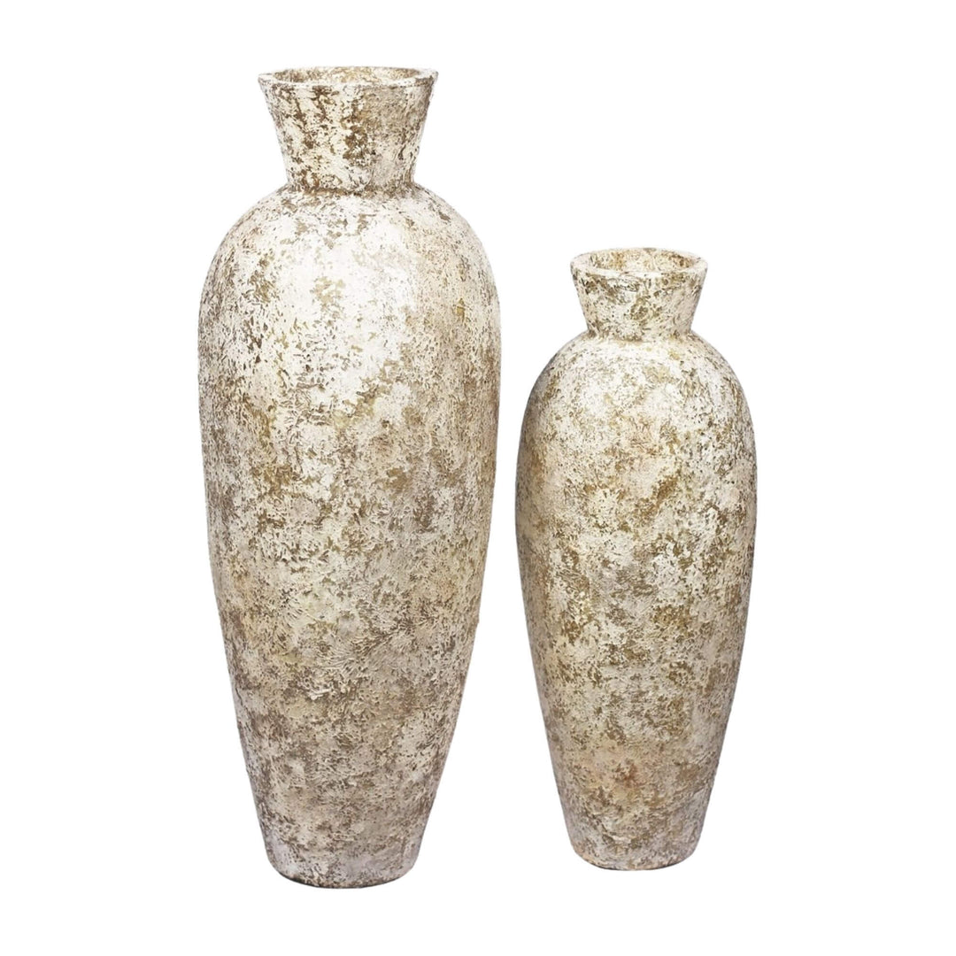 Set of two Vis Terracotta Vases in aged beige with rustic texture.