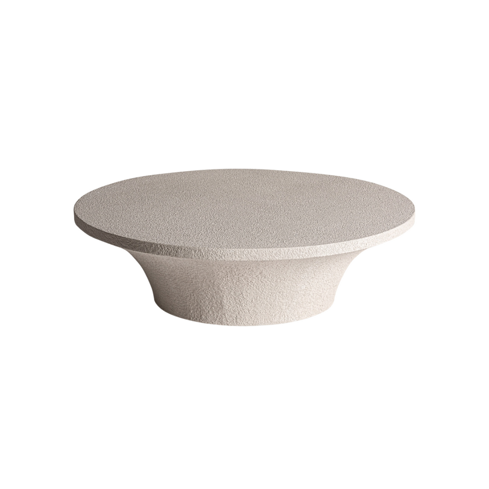 Side profile of the Volka coffee table highlighting its curved pedestal base.