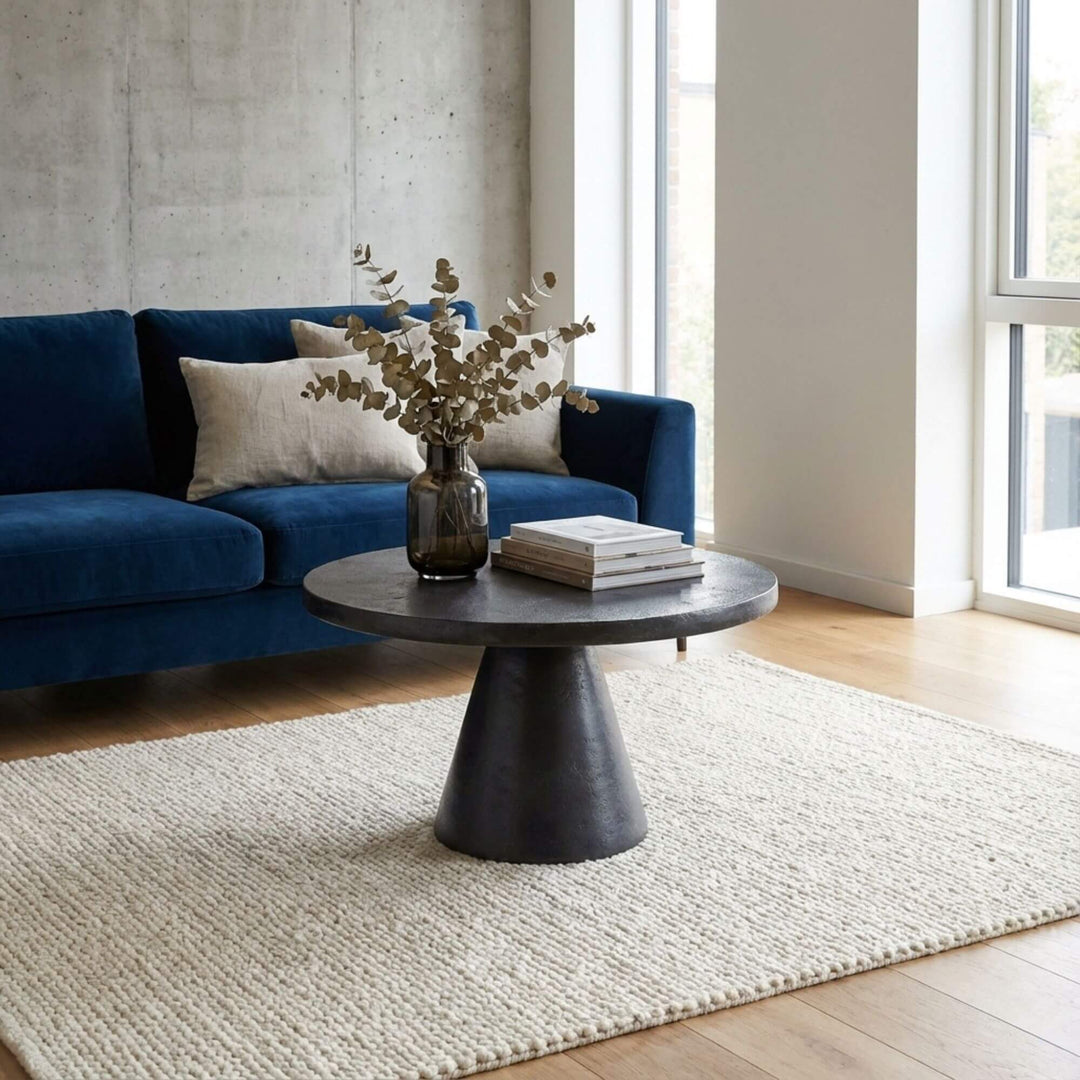 Modern living room with a blue sofa, black Vulkan round coffee table, and decorative elements.