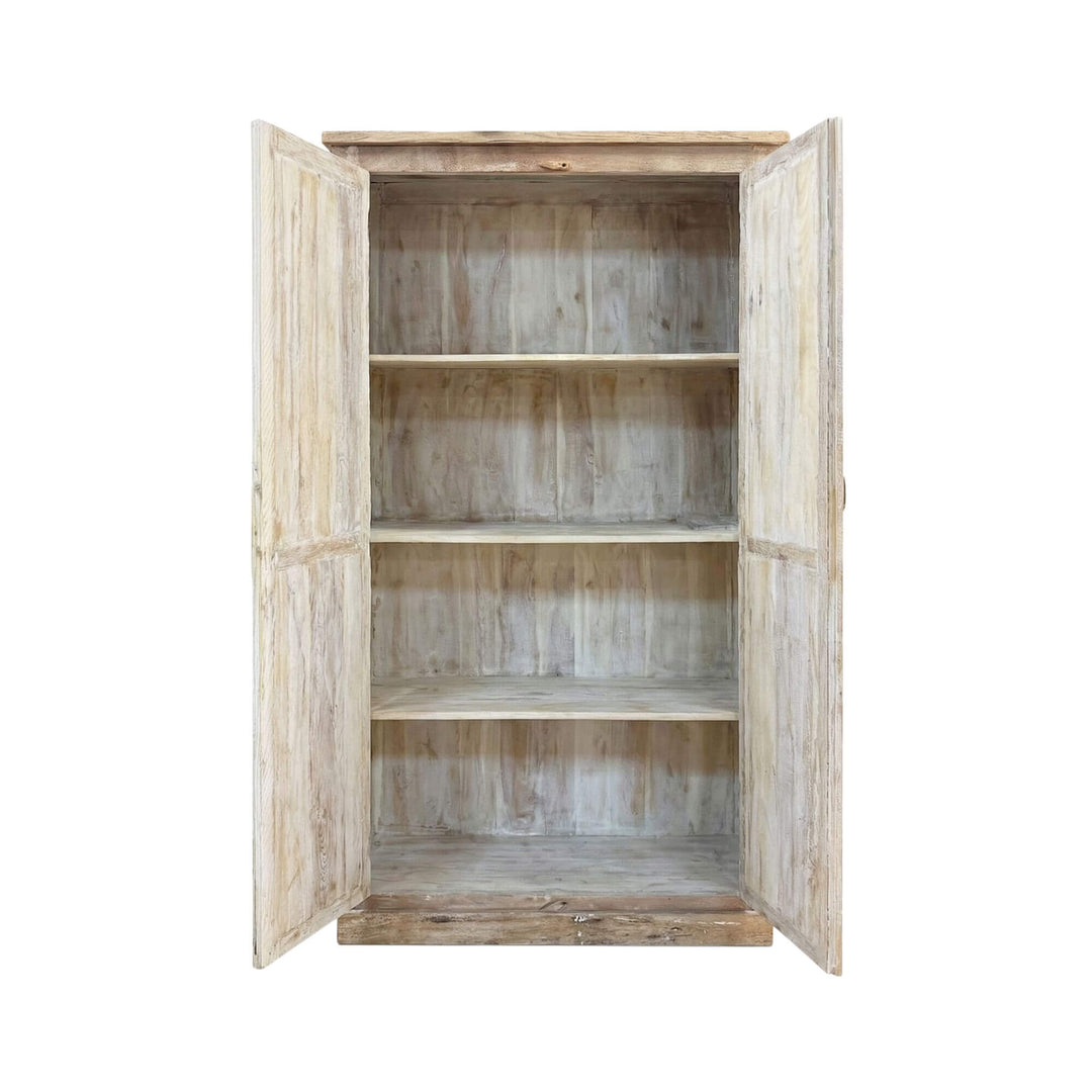 Interior view of the wardrobe with open doors revealing wooden shelves.