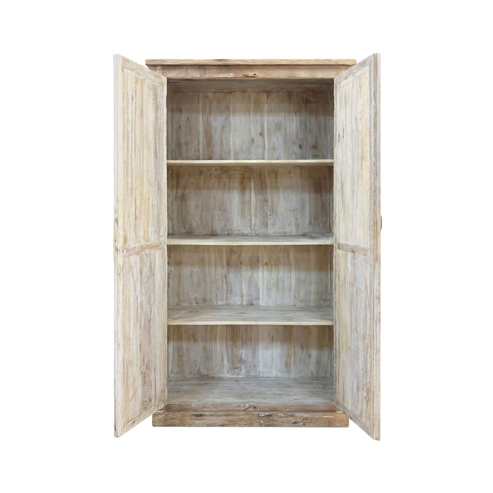 Interior view of the wardrobe with open doors revealing wooden shelves.