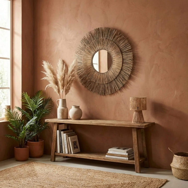 Styled interior setting featuring the Water Lily mirror placed above a wooden console.
