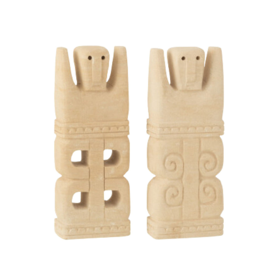 Front view of Wee Stone Deco Stand, handcrafted stone totem-style sculpture with geometric carved details on a black metal base.