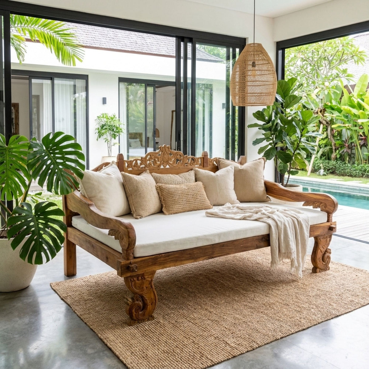 Wooden daybed with white cushion and beige pillows in a modern indoor setting with large windows and greenery.