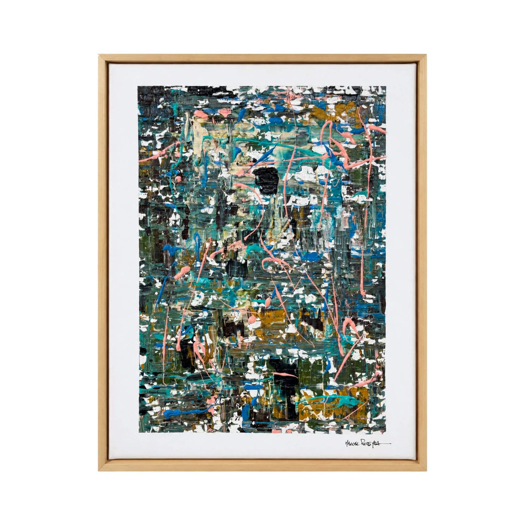Front view of the Whispering Tides original painting by Manuel Pereyra with layered turquoise, teal, pink, black, and ochre abstract textures