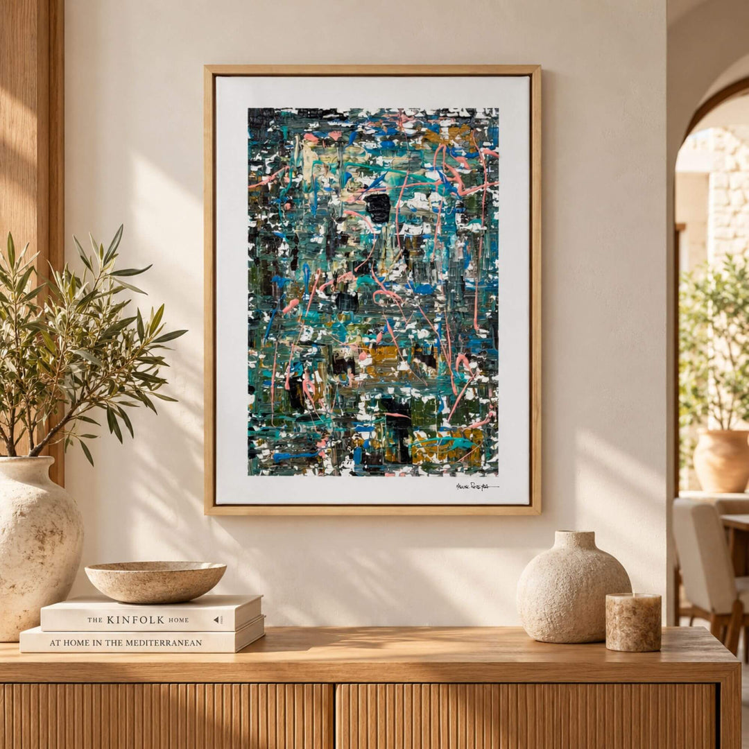 Whispering Tides painting by Manuel Pereyra displayed above a wooden console in a warm contemporary interior