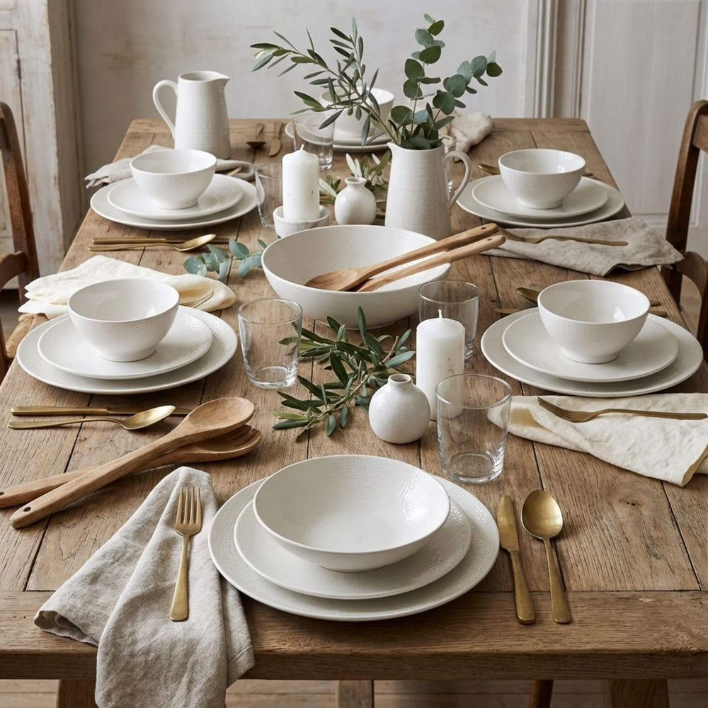 Styled dining table featuring the White Vesuvio ceramic tableware collection.