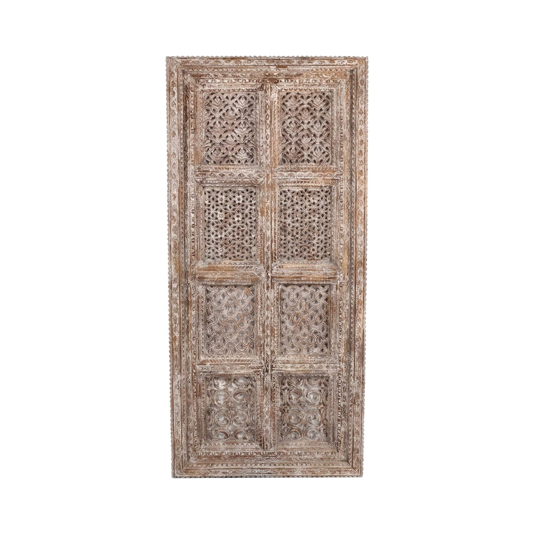 Front view of the window carved reclaimed wood panel with intricate decorative patterns.