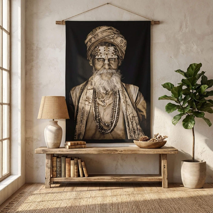Interior styling scene with the Wise Baba Man tapestry displayed above a wooden console.