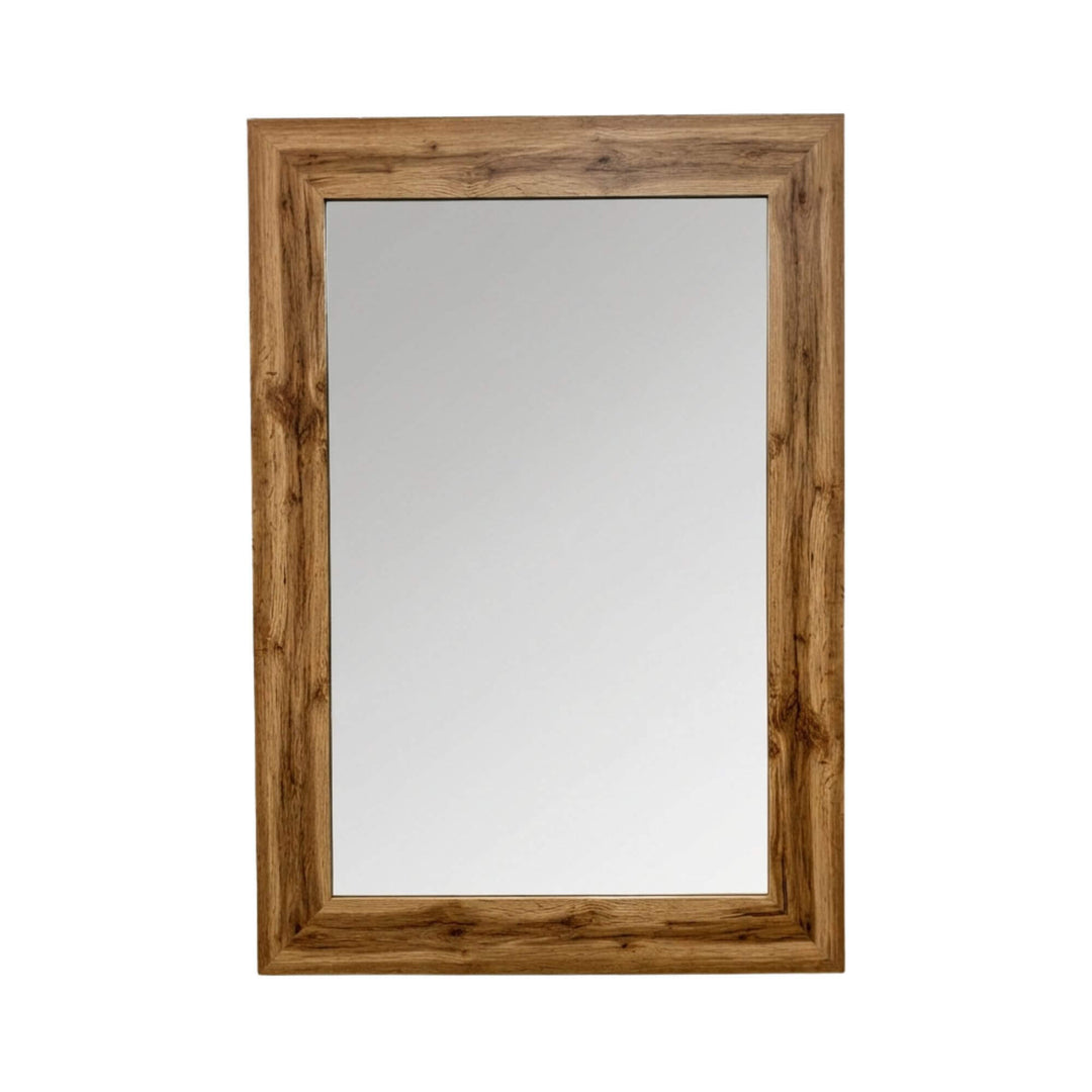 Front view of the wood mirror showcasing its rectangular shape and solid natural wood frame.