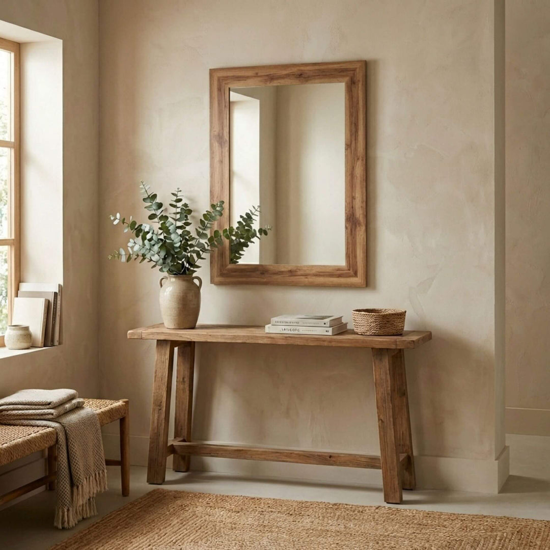 Styled interior setting featuring the wood mirror above a wooden console table in a neutral space.