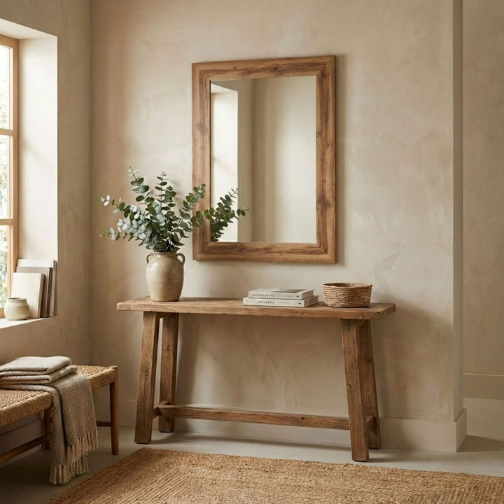 Styled interior setting featuring the wood mirror above a wooden console table in a neutral space.