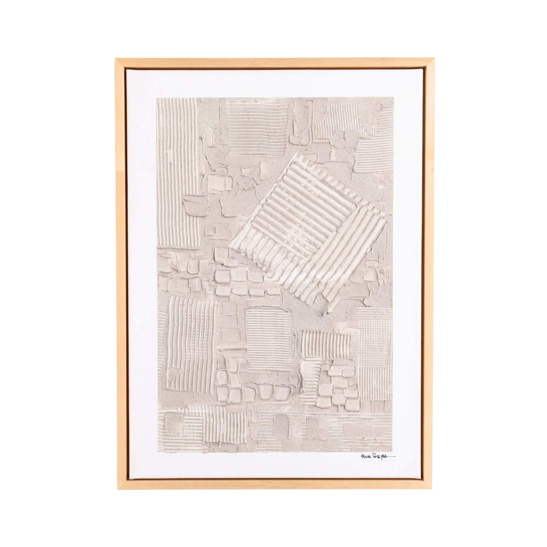 Front view of the Woven Earth original painting by Manuel Pereyra with textured geometric relief in soft ivory tones