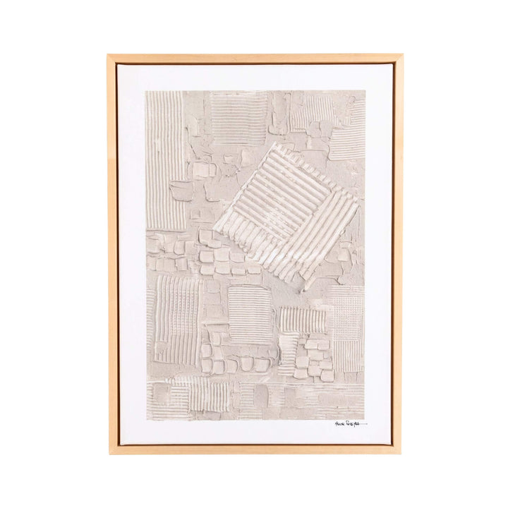Front view of the Woven Earth original painting by Manuel Pereyra with textured geometric relief in soft ivory tones