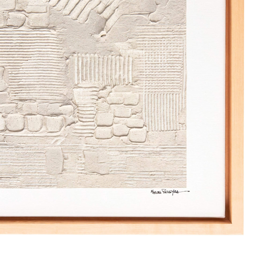 Close-up of the Woven Earth artwork showing its layered mixed-media relief, linear textures, and artist signature