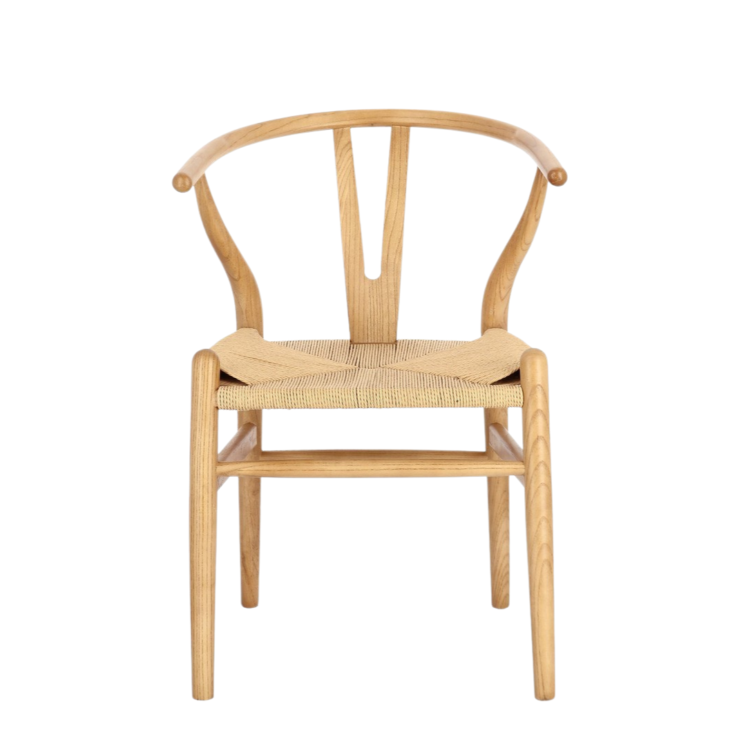 Front view of Yara dining chair in natural elm with woven paper-cord seat.