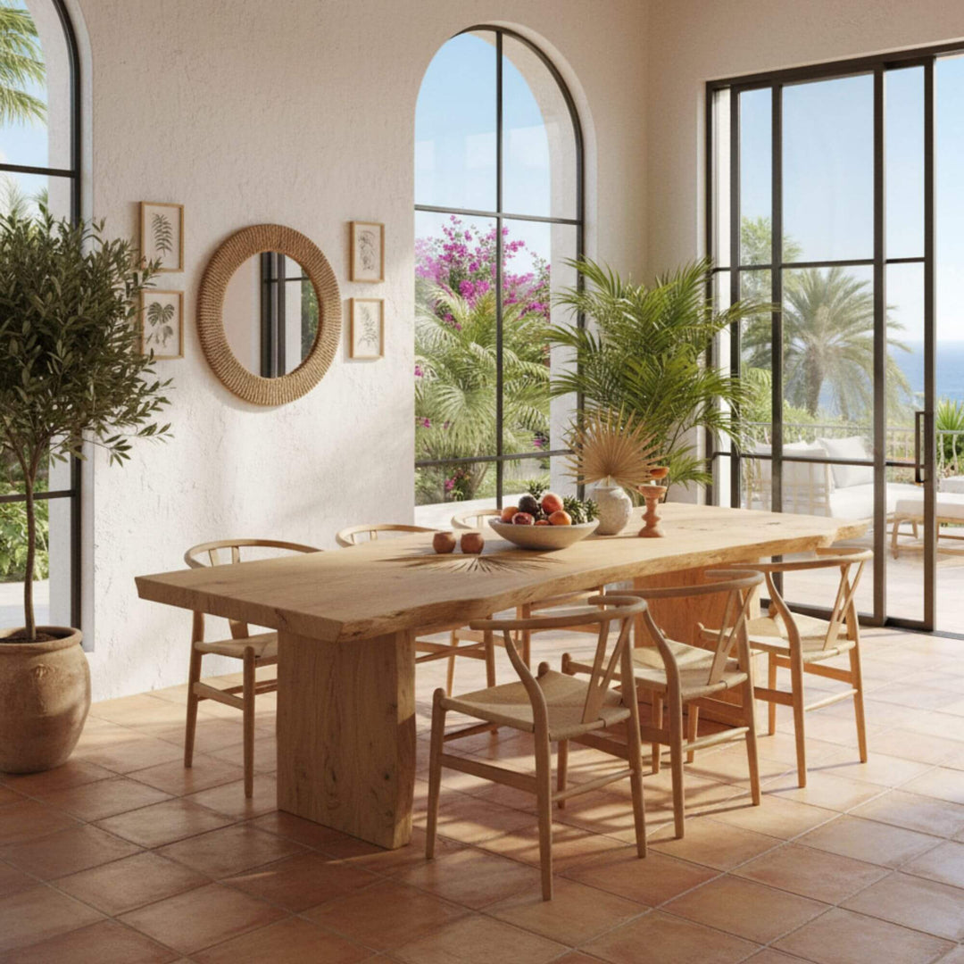 Indoor setting of Yara elm wood dining chair and Hera dining table