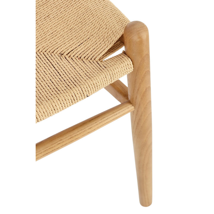 Close-up of paper-cord seat weave and elm corner joint.