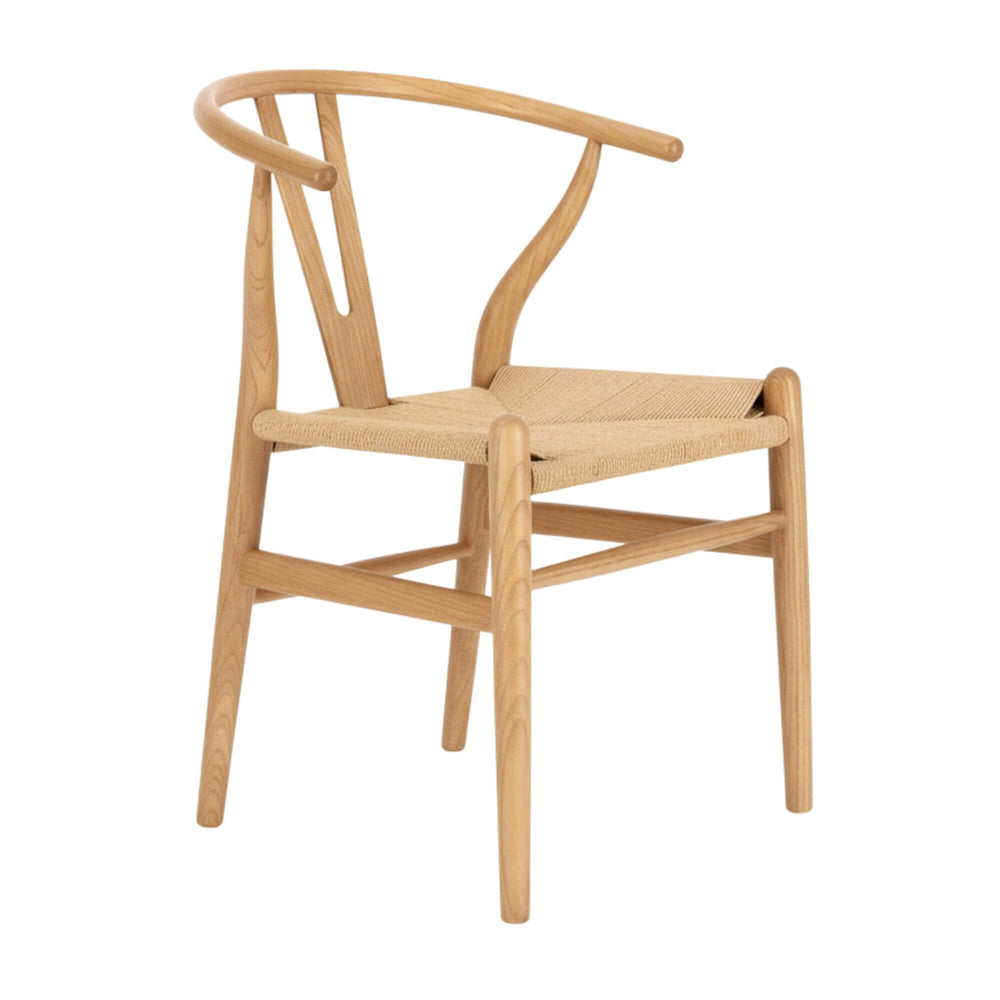 Angled view of Yara dining chair in natural elm with woven paper-cord seat.