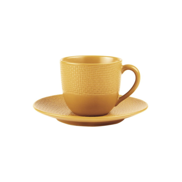 Yellow ceramic espresso cup and saucer from the Vesuvio tableware series.