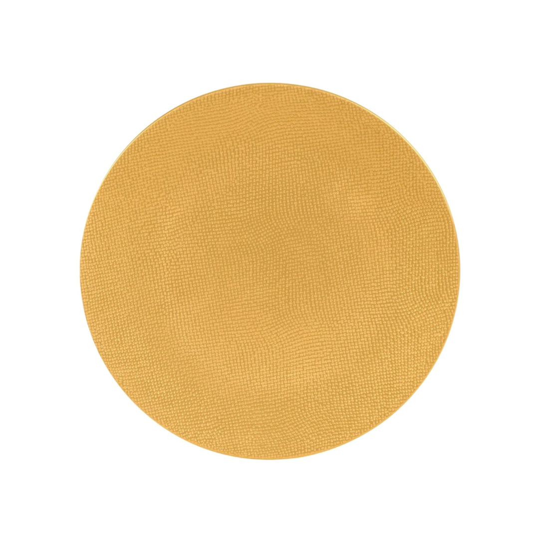 Top view of yellow ceramic plate with textured surface.