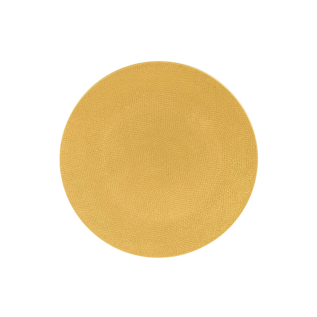 Top view of yellow ceramic dessert plate with textured surface.