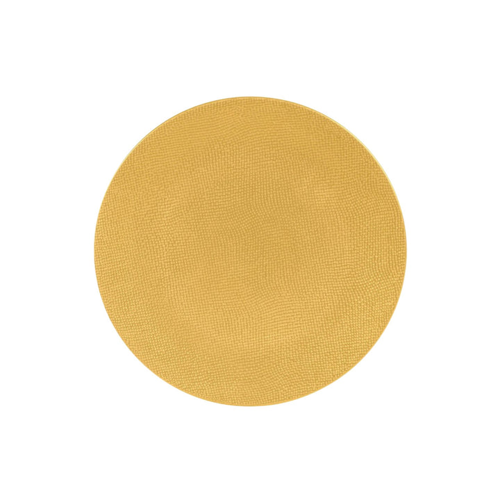 Top view of yellow ceramic dessert plate with textured surface.