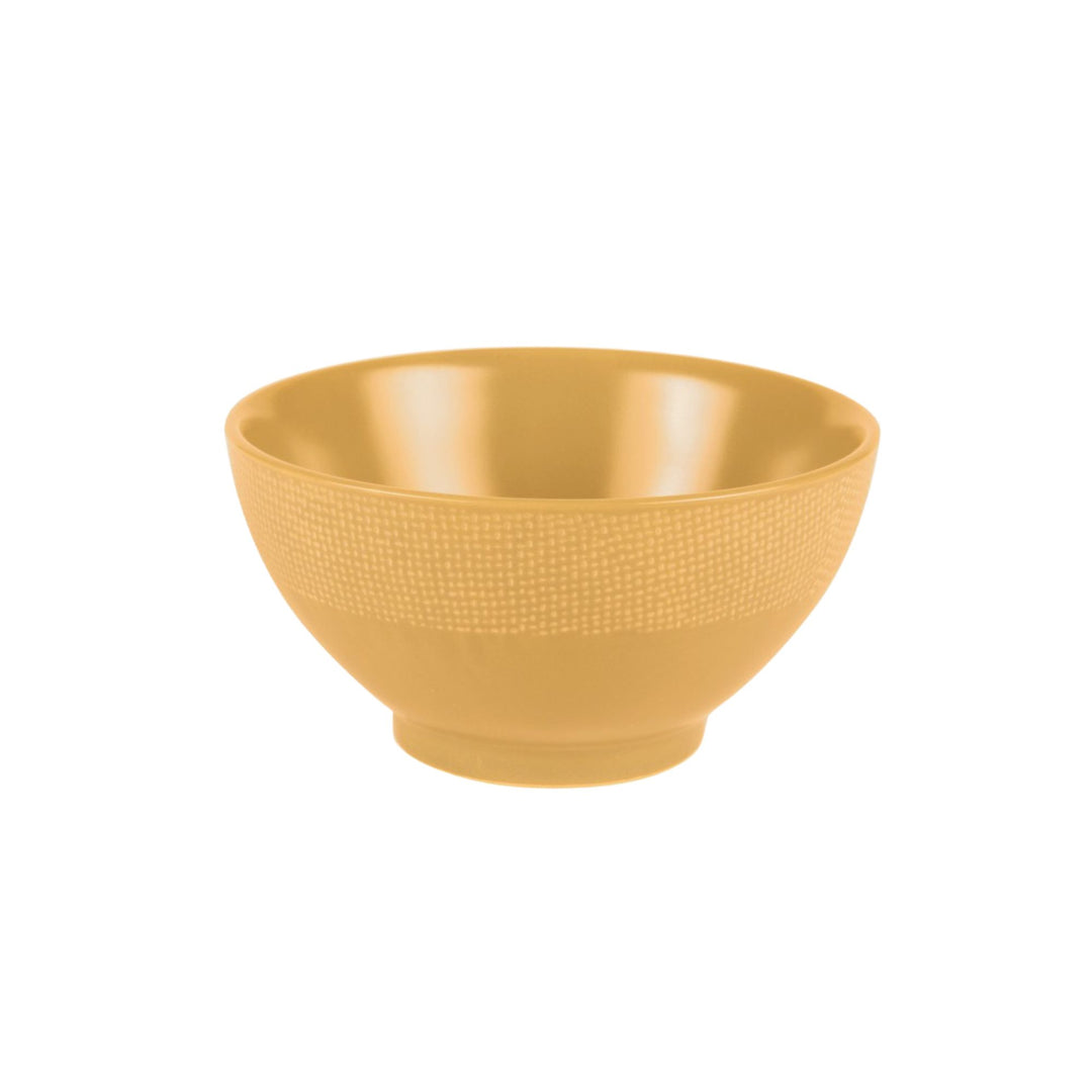 Yellow Vesuvio ceramic bowl with smooth interior and textured exterior.