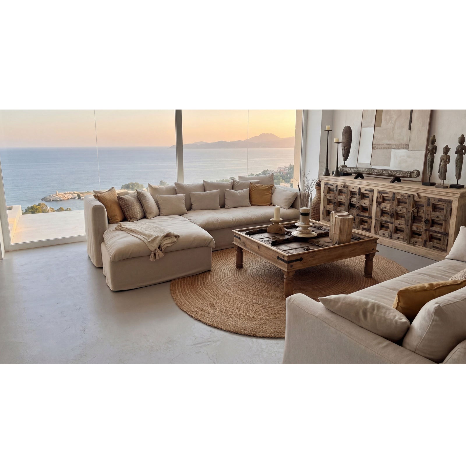 Modern living room with a sectional sofa, coffee table, and ocean view.