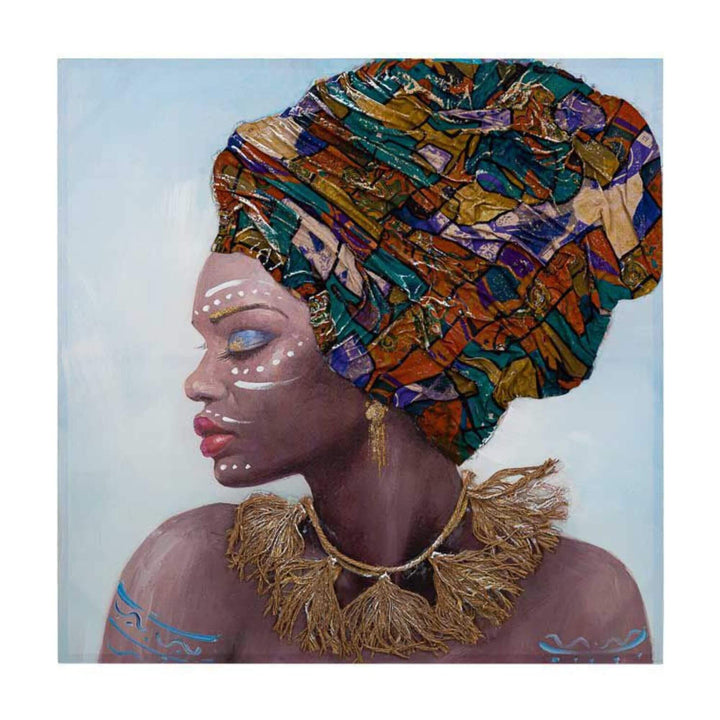 Zambia Girl Painting with multicolored headwrap and natural fiber necklace on canvas.