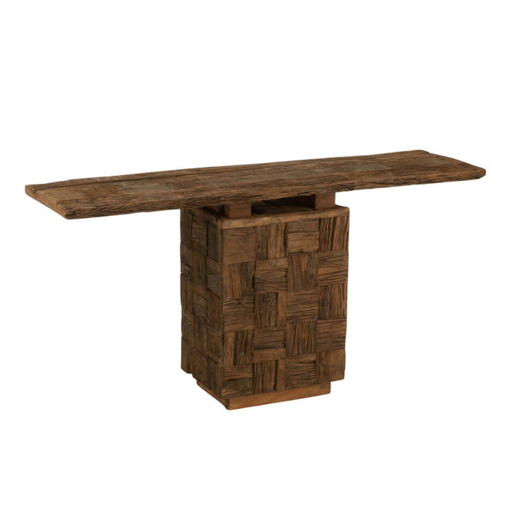 Angled view highlighting the long wooden top and textured block base.