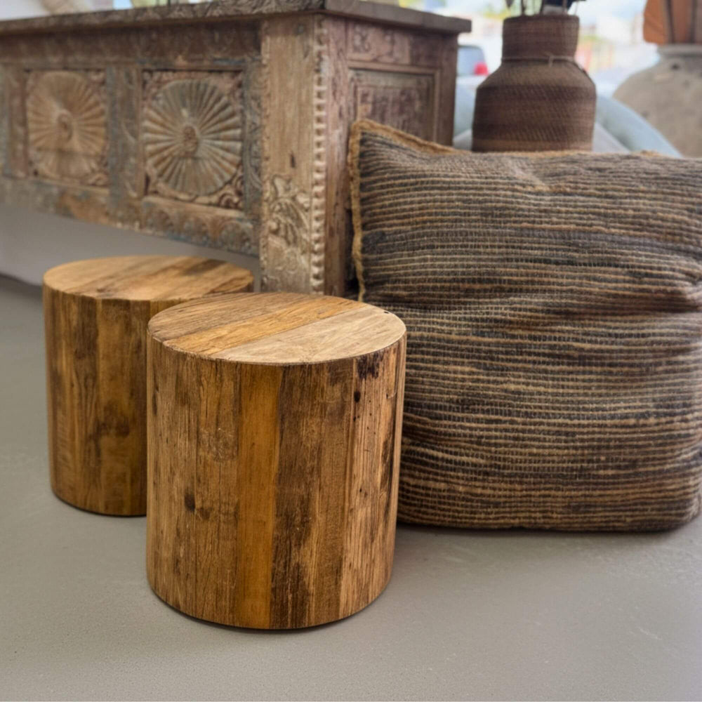 Zarote Side Table made from natural reclaimed wood with wheels.