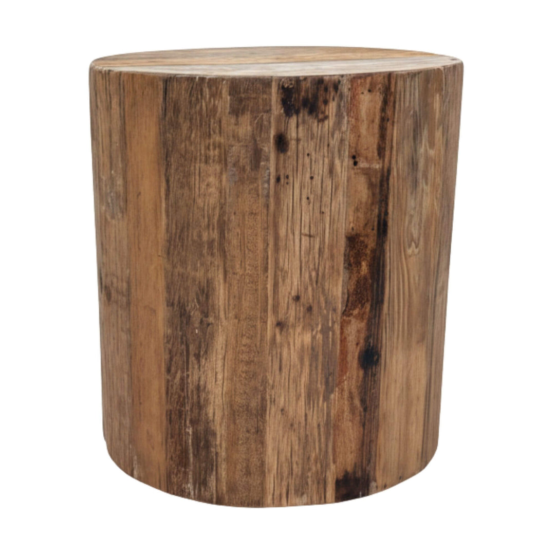 Front view of the round reclaimed wood Zarote Side Table.